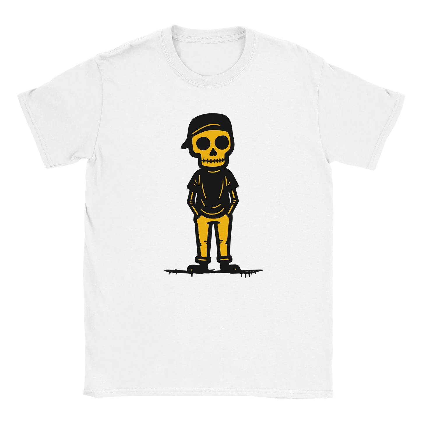 Valkoinen short-sleeve T-paita Norkoilija with cartoon skeleton in black T-paita ja keltaiset housut