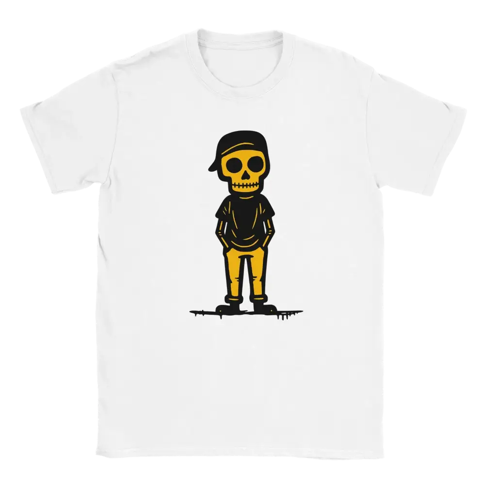 Valkoinen short-sleeve T-paita Norkoilija with cartoon skeleton in black T-paita ja keltaiset housut