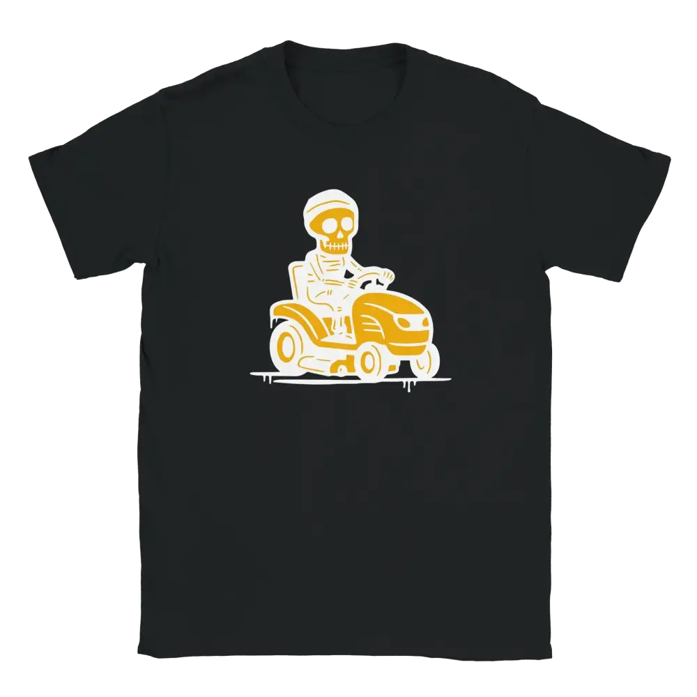 Musta T-paita Skeletoni ajamassa ruohonleikkuria design Nurmikonleikkaaja T-paita