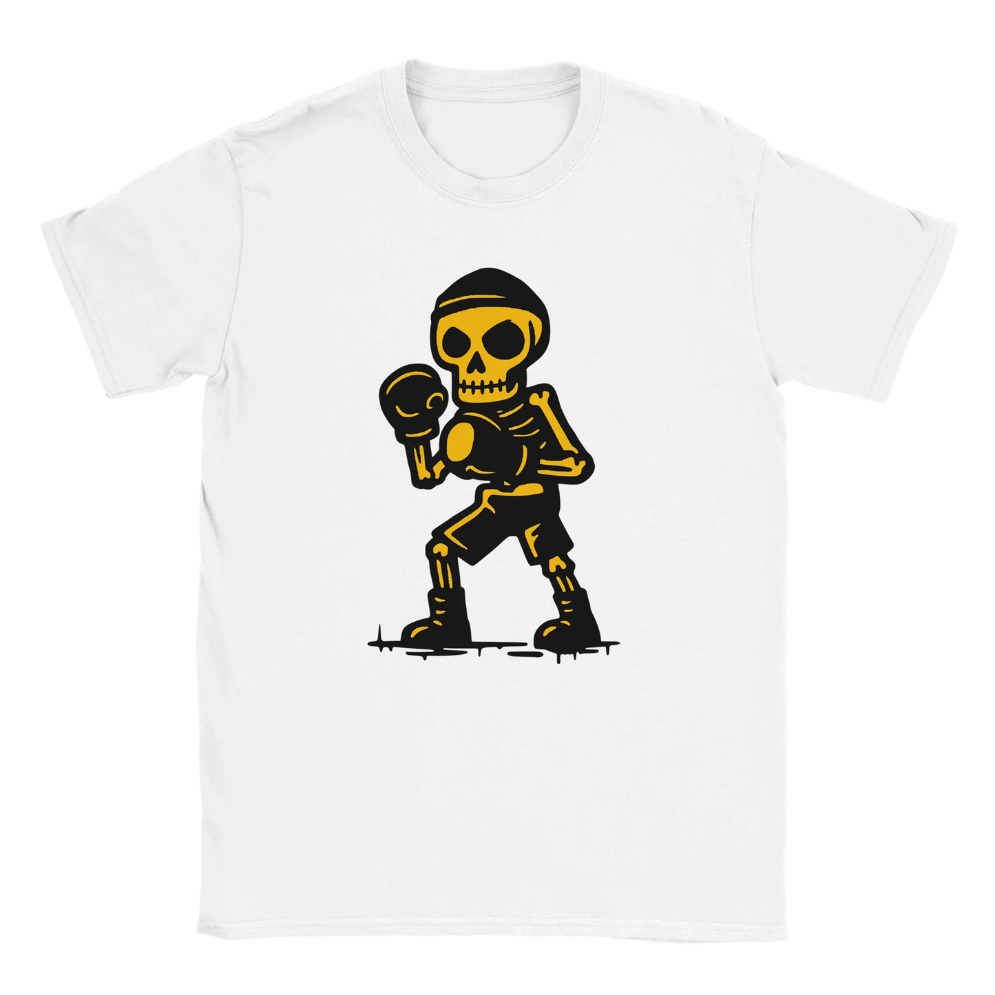 Valkoinen crew-neck T-paita cartoon-skeleton boxeri grafiikalla Nyrkkeilijä-tuotenimellä
