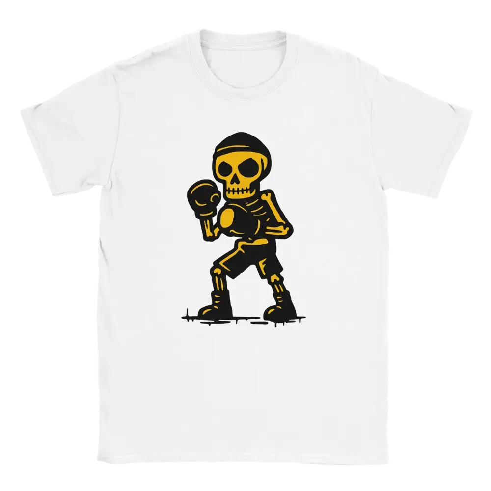Valkoinen crew-neck T-paita cartoon-skeleton boxeri grafiikalla Nyrkkeilijä-tuotenimellä