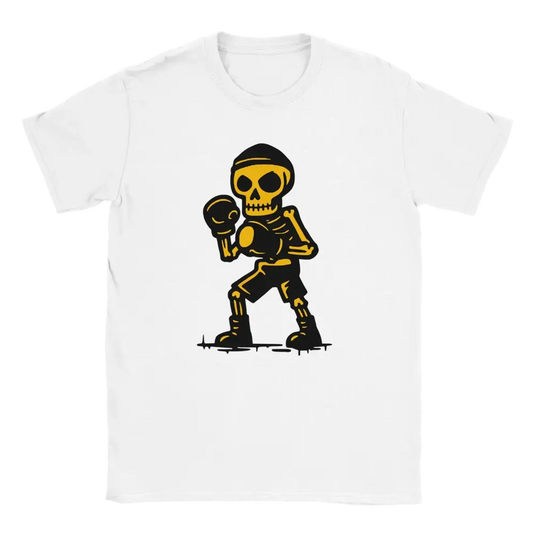 Valkoinen crew-neck T-paita cartoon-skeleton boxeri grafiikalla Nyrkkeilijä-tuotenimellä