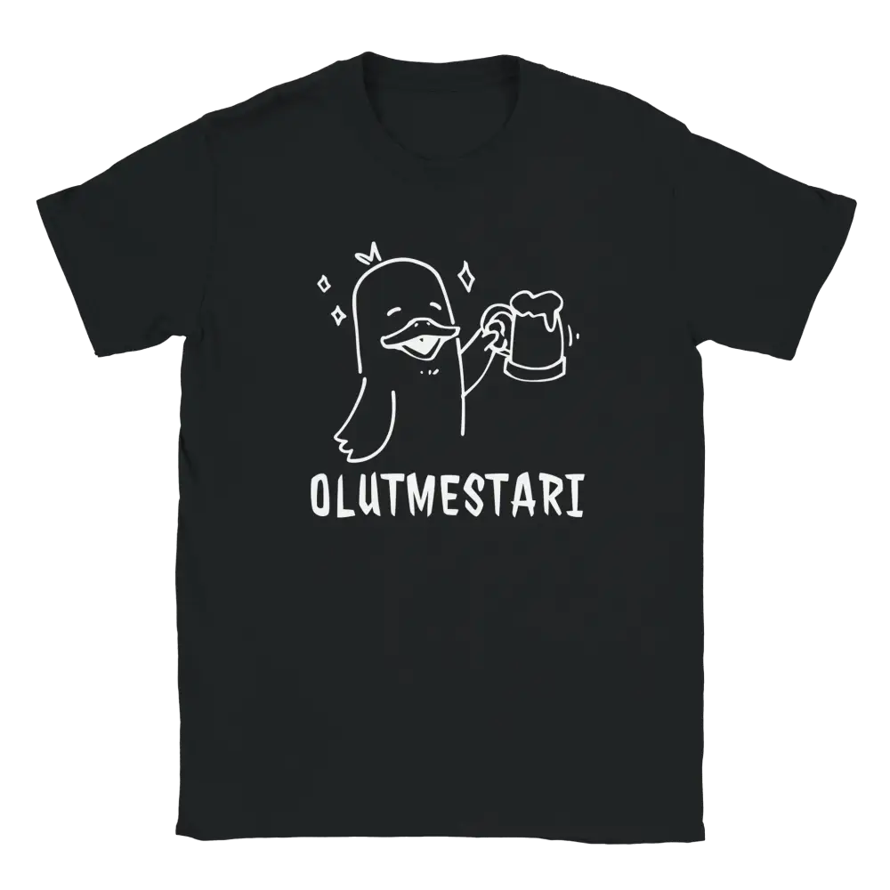 Musta T-paita valkoinen ankka ja olutmuki, teksti OLUTMESTARI, Olutmestari T-paita