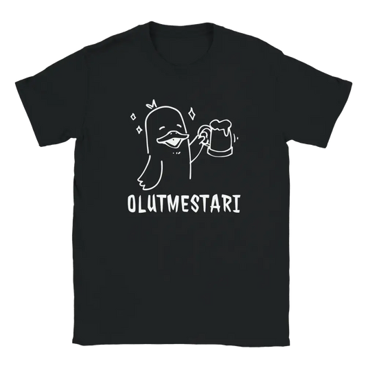 Musta T-paita valkoinen ankka ja olutmuki, teksti OLUTMESTARI, Olutmestari T-paita