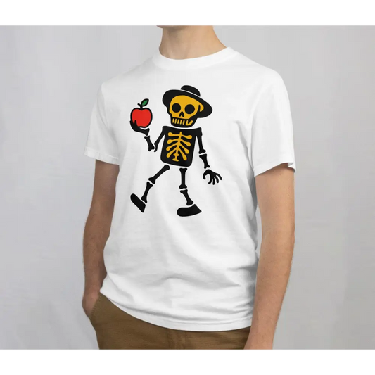 Valkoinen T-paita Skeletonin ja omenankuvalla Omena Päivässä - T-paita