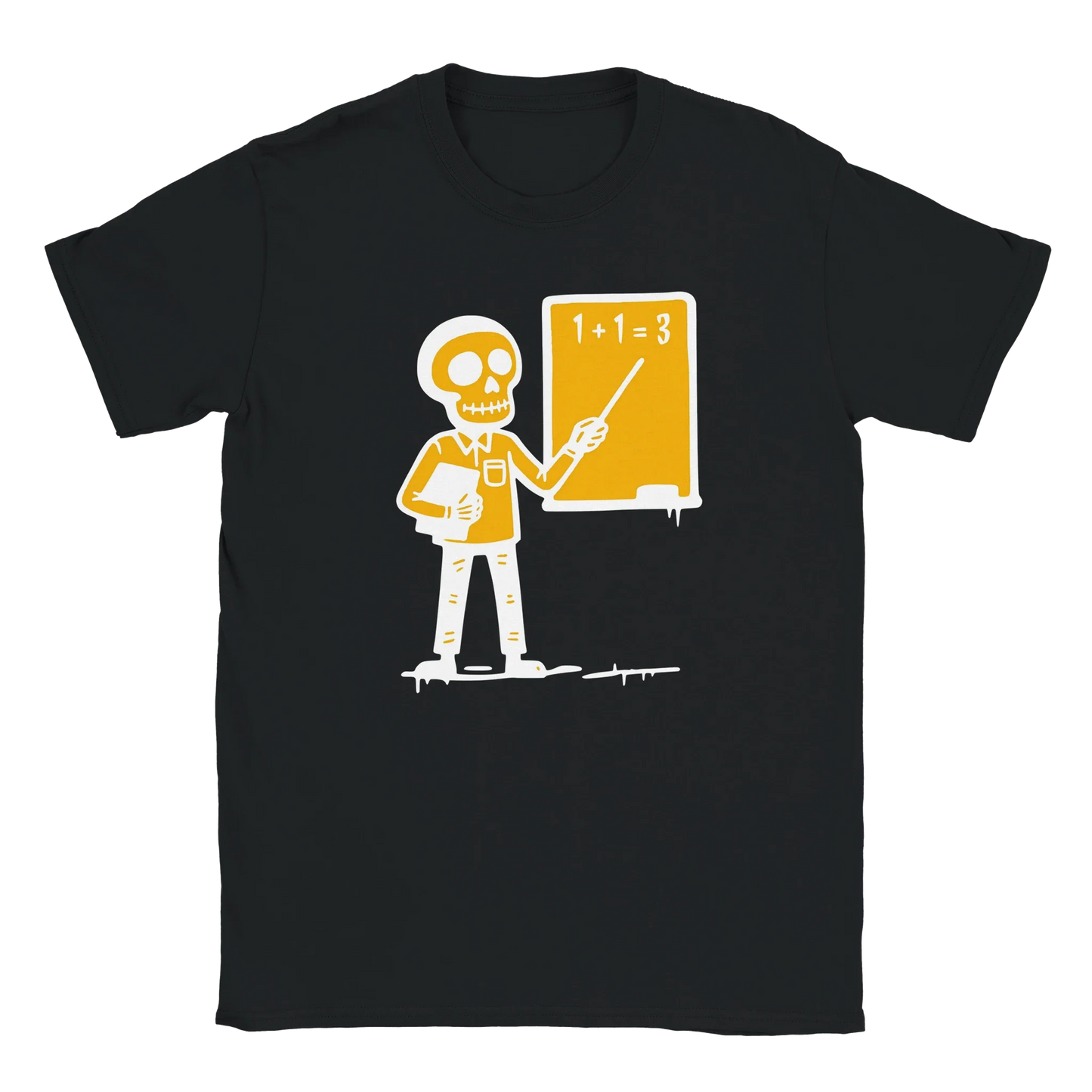 Musta T-paita Skeleton Teacher -designilla Opettaja -T-paita tuotekuvassa