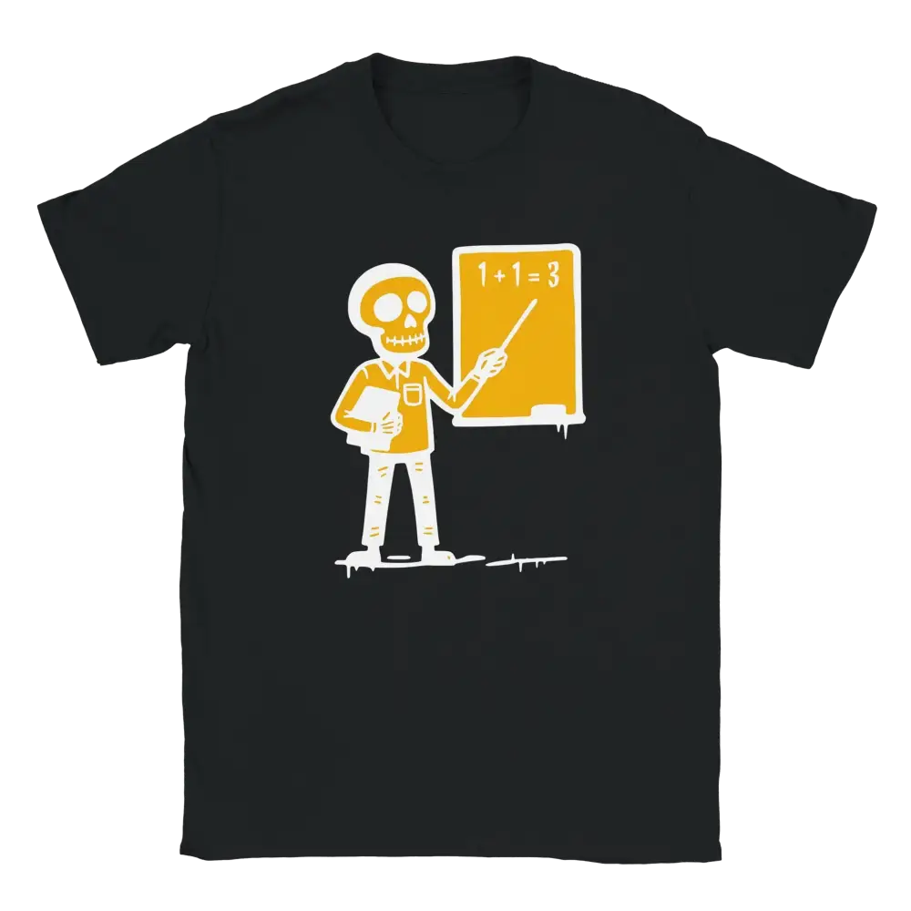 Musta T-paita Skeleton Teacher -designilla Opettaja -T-paita tuotekuvassa