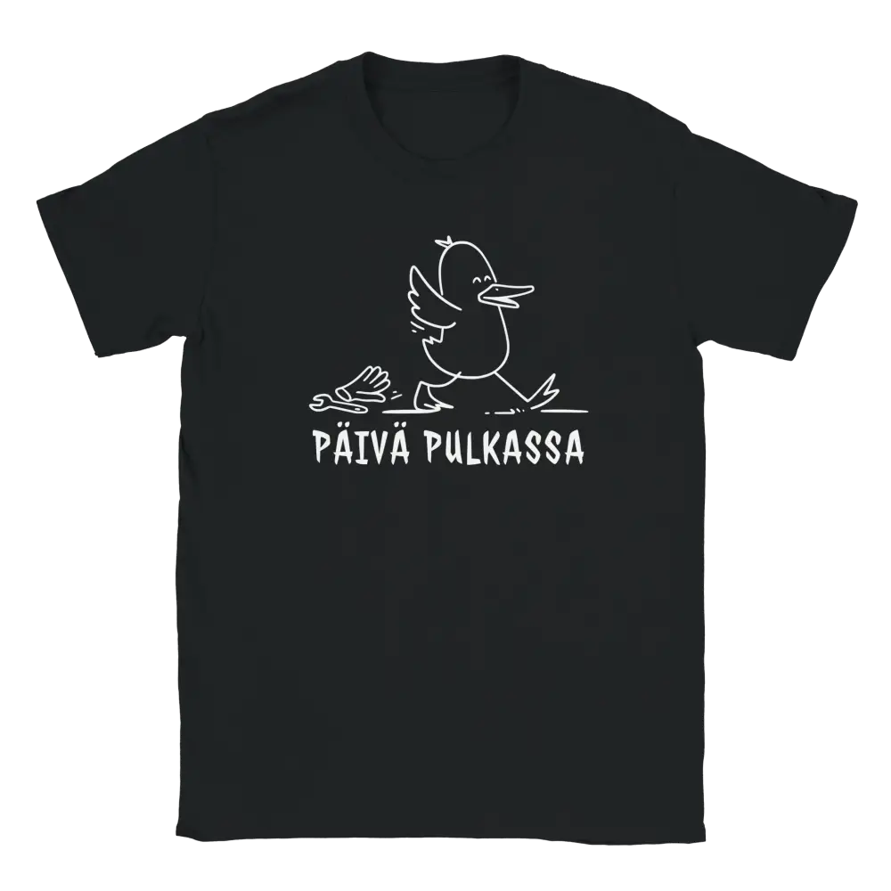 Musta crewneck T-paita Päivä pulkassa -karikatyyriankka kävelee vasaran ja ruuvimeisselin yli
