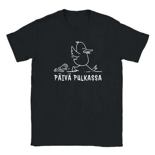 Musta crewneck T-paita Päivä pulkassa -karikatyyriankka kävelee vasaran ja ruuvimeisselin yli