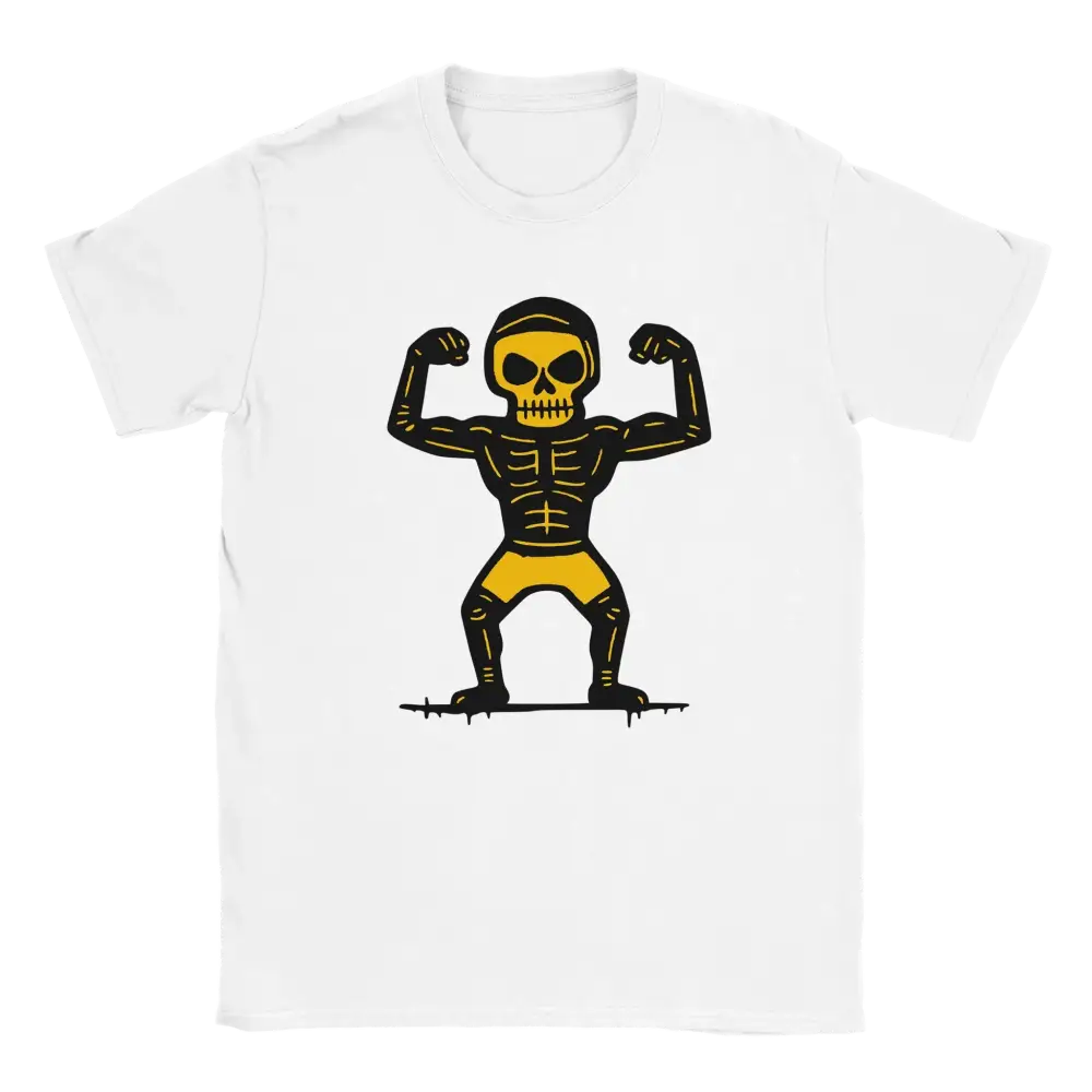 Painija T-paita valkoinen crew neck t-paita jossa flexaava luuranko grafiikka