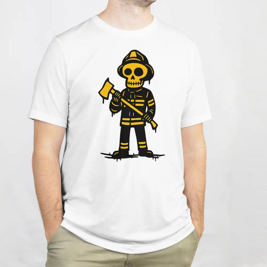 Palomies T-paita valkoinen t-paita, jossa keltainen ja musta palomies luuranko grafiikka