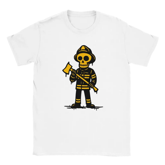 Valkoinen lyhythihainen t-paita Skeleton Firefighter -grafiikalla Palomies - T-paita