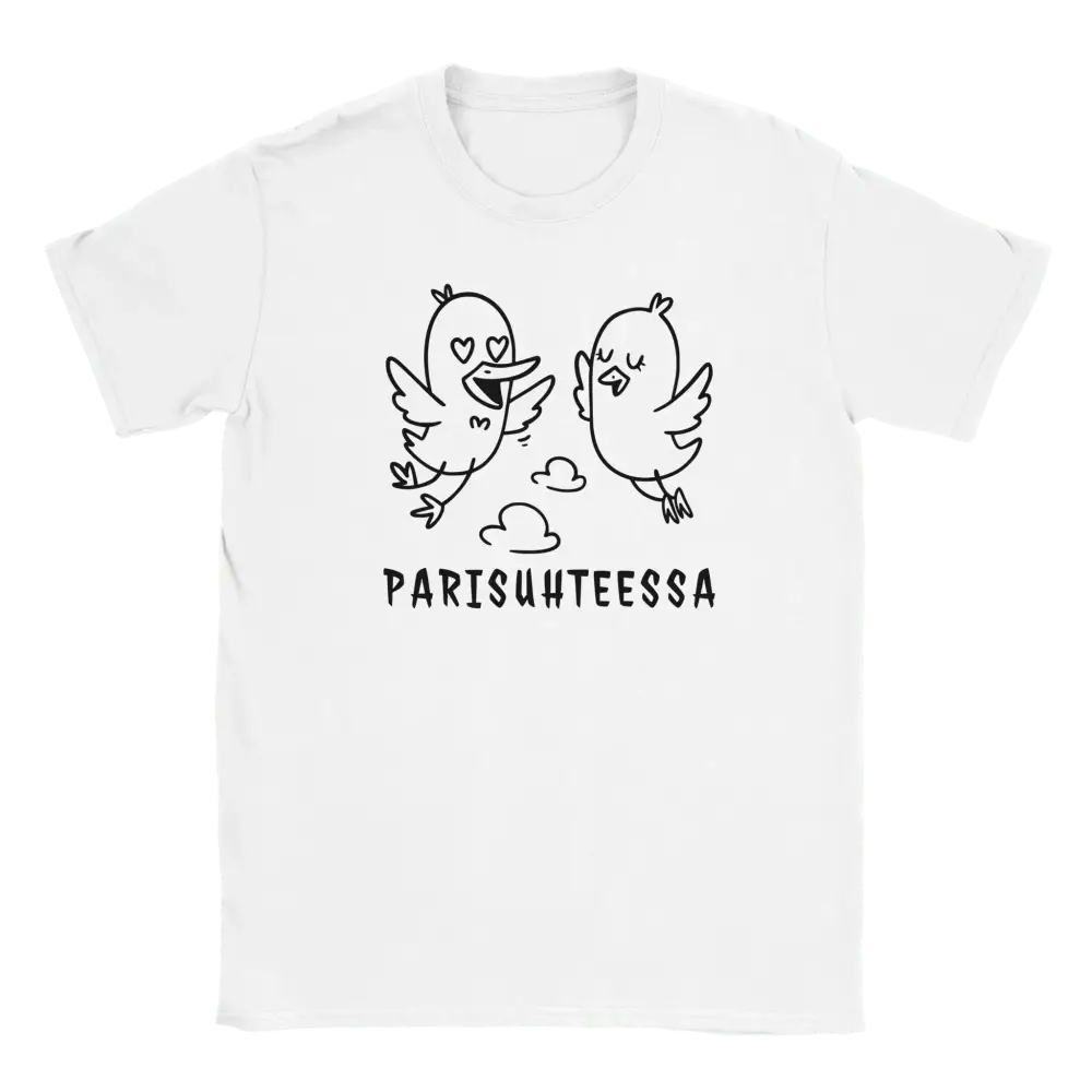 Valkoinen short-sleeve T-paita mustalla linnunpiirroksella ja tekstillä PARISUHTEESSA
