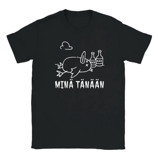 Mustavalkoinen T-paita, jossa pilkullinen kani ja kolme pulloa, Party Over Duck