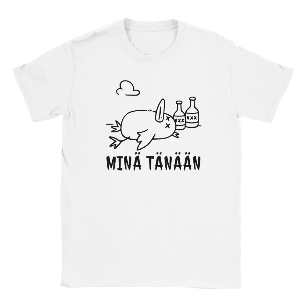 Valkoinen T-paita Party Over Duck, jossa pilkallinen uninen lintu ja alkoholipullot