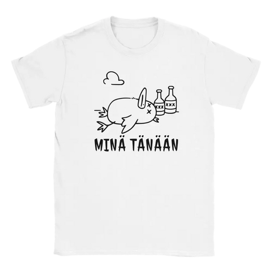 Valkoinen T-paita Party Over Duck, jossa pilkallinen uninen lintu ja alkoholipullot