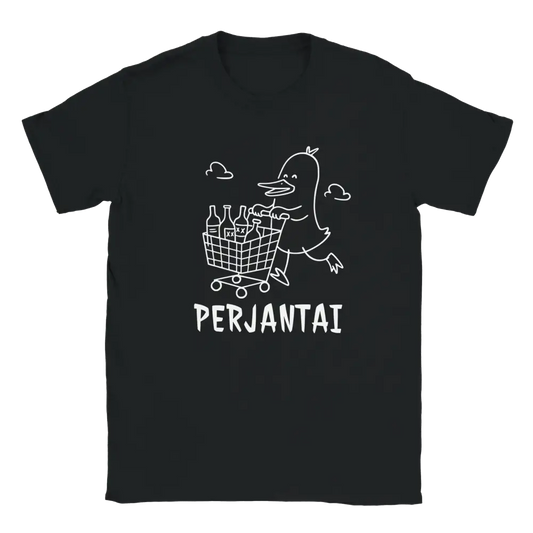 Musta lyhythihainen T-paita, jossa valkoinen ankka piirtäen ostoskärryn täynnä pulloja