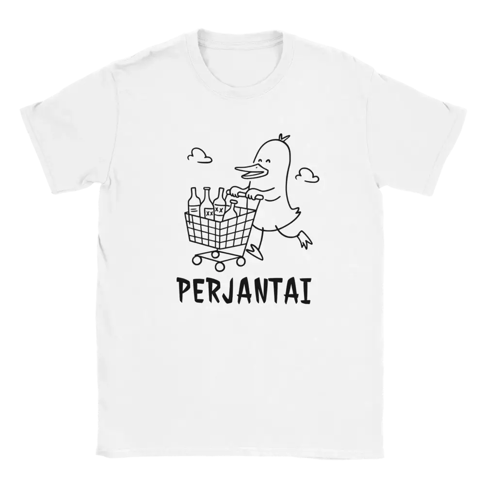 Perjantai T-paita valkoinen lyhythihainen crew neck -kuvassa mustavalkoinen ankka ostoskorin kanssa