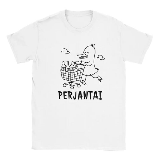 Perjantai T-paita valkoinen lyhythihainen crew neck -kuvassa mustavalkoinen ankka ostoskorin kanssa