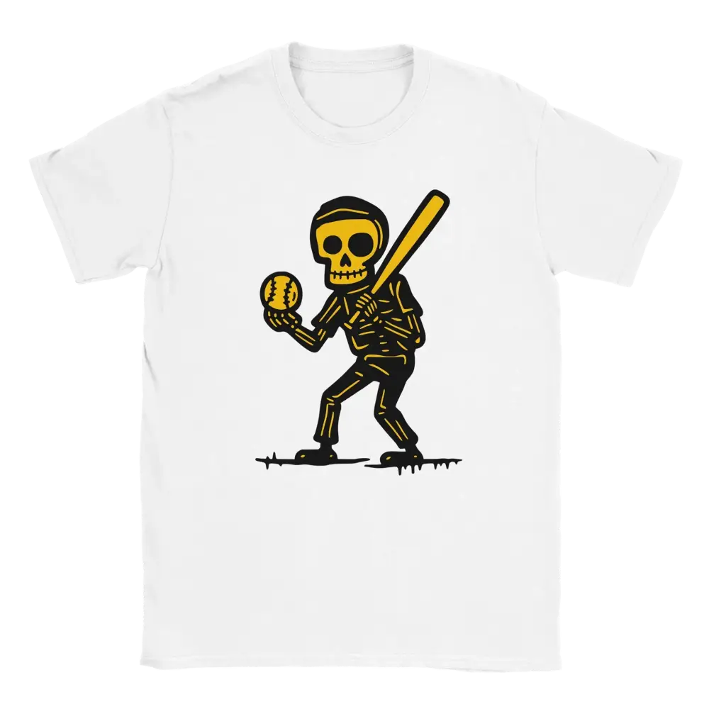 Valkoinen lyhythihainen crewneck T-paita Skeleton Baseball Player grafiikalla