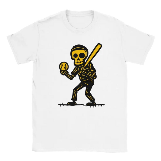 Valkoinen lyhythihainen crewneck T-paita Skeleton Baseball Player grafiikalla