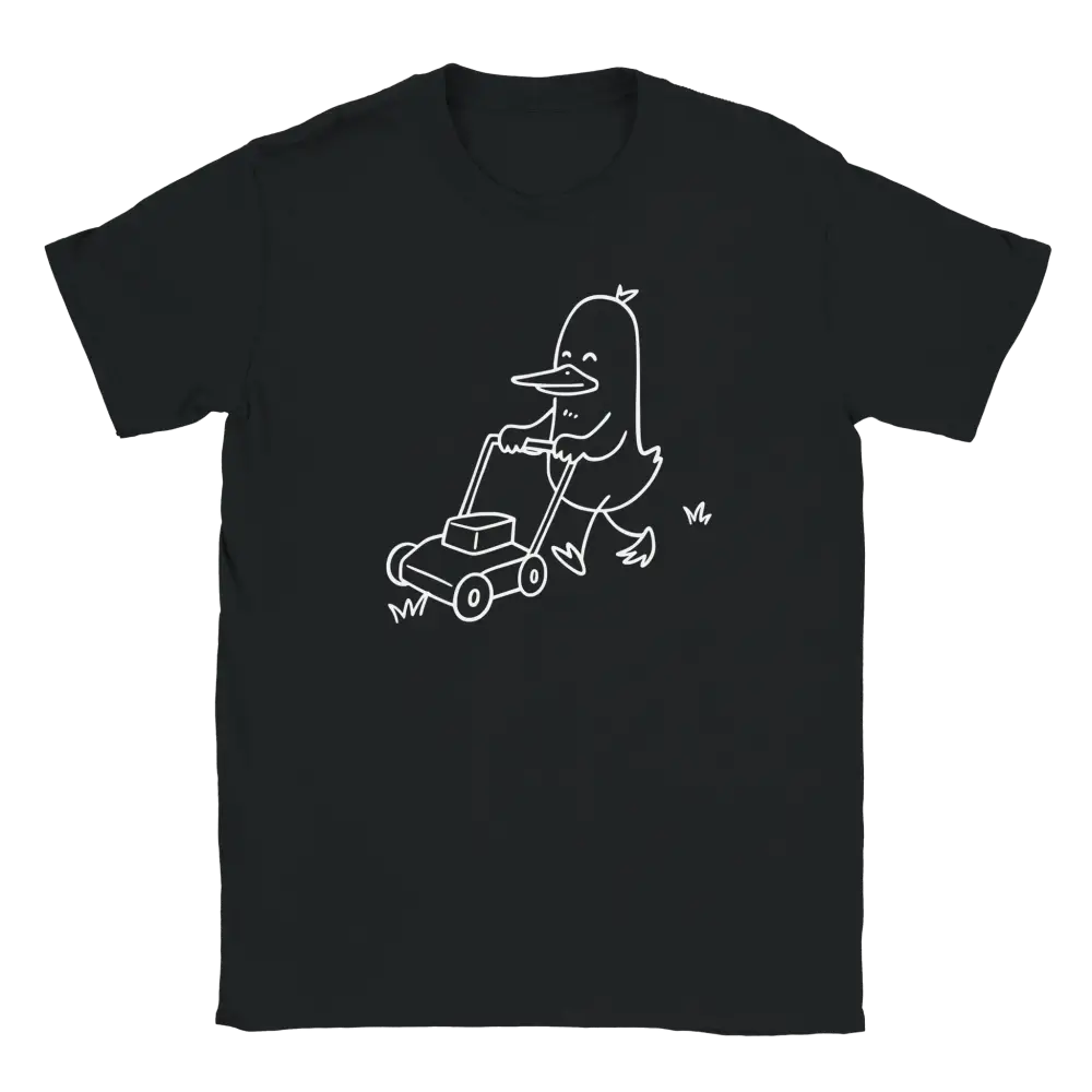Pihan Valtias T-paita musta crew-neck t-paita, valkoinen hanhipiirros ruohonleikkurilla