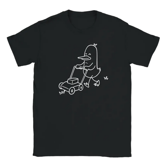 Pihan Valtias T-paita musta crew-neck t-paita, valkoinen hanhipiirros ruohonleikkurilla