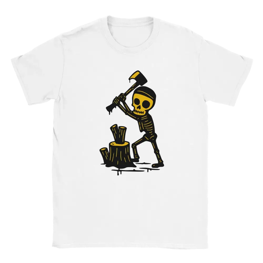 Valkoinen lyhythihainen crewneck T-paita Skeleton Chopping Wood -designilla