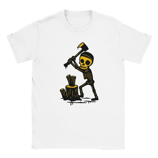 Valkoinen lyhythihainen crewneck T-paita Skeleton Chopping Wood -designilla