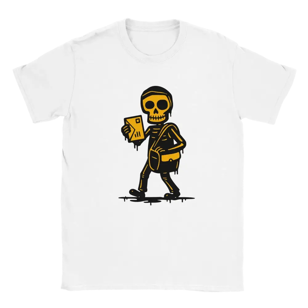 Valkoinen T-paita Posteljooni Skeleton Postman graphicilla, unisex-malli