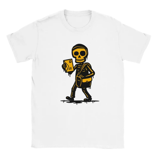 Valkoinen T-paita Posteljooni Skeleton Postman graphicilla, unisex-malli