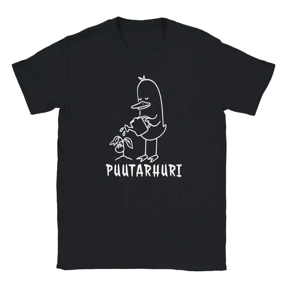 Mustavalkoinen Puutarhuri T-paita, ankka kastelamassa kasvia, crew-neck t-paita