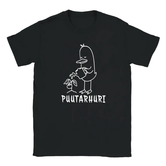 Mustavalkoinen Puutarhuri T-paita, ankka kastelamassa kasvia, crew-neck t-paita