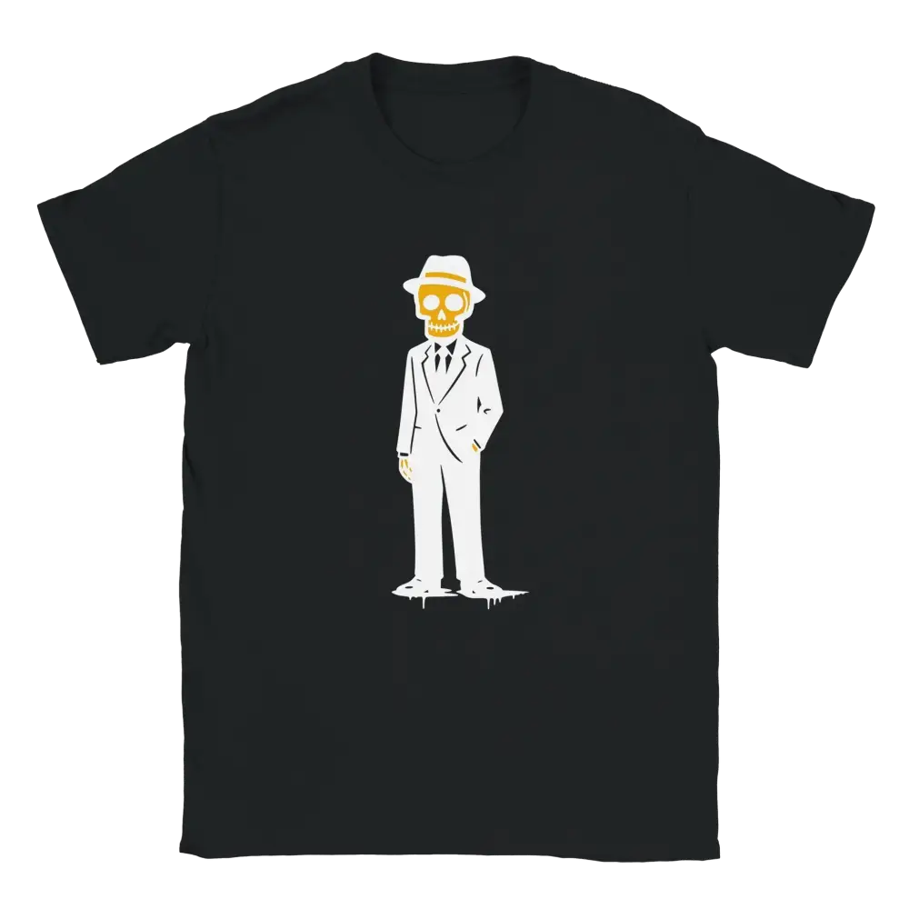 Puvulla T-paita musta t-paita karikatyyriliskosta valkoisessa puvussa ja fedora-hatissa
