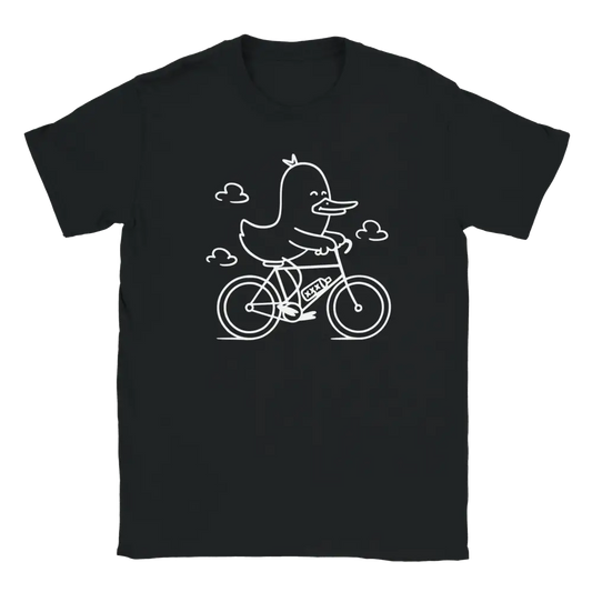 Musta T-paita valkoisella viivapiirroksella ankasta pyöräilemässä Pyörälenkillä T-paita