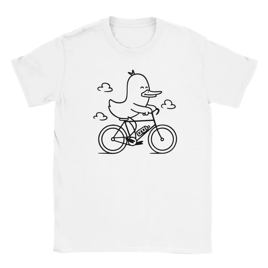 Valkoinen t-paita, jossa on musta viivapiirros polkupyörällä ajavasta ankasta.