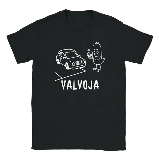 Musta lyhythihainen T-paita Valvoja Ankka, autolla ja linnulla valokuvia, moderneja kuvia