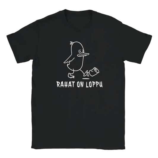 Musta T-paita, jossa valkoinen ankka kävelee ohi hylätyn tölkin ja teksti RAHAT ON LOPPU