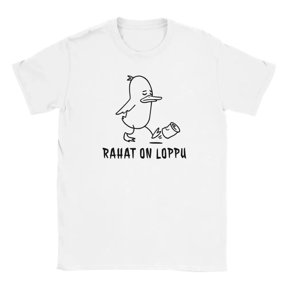 Valkoinen short-sleeve T-paita Rahat On Loppu mustalla ankkalasku piirtokuvalla