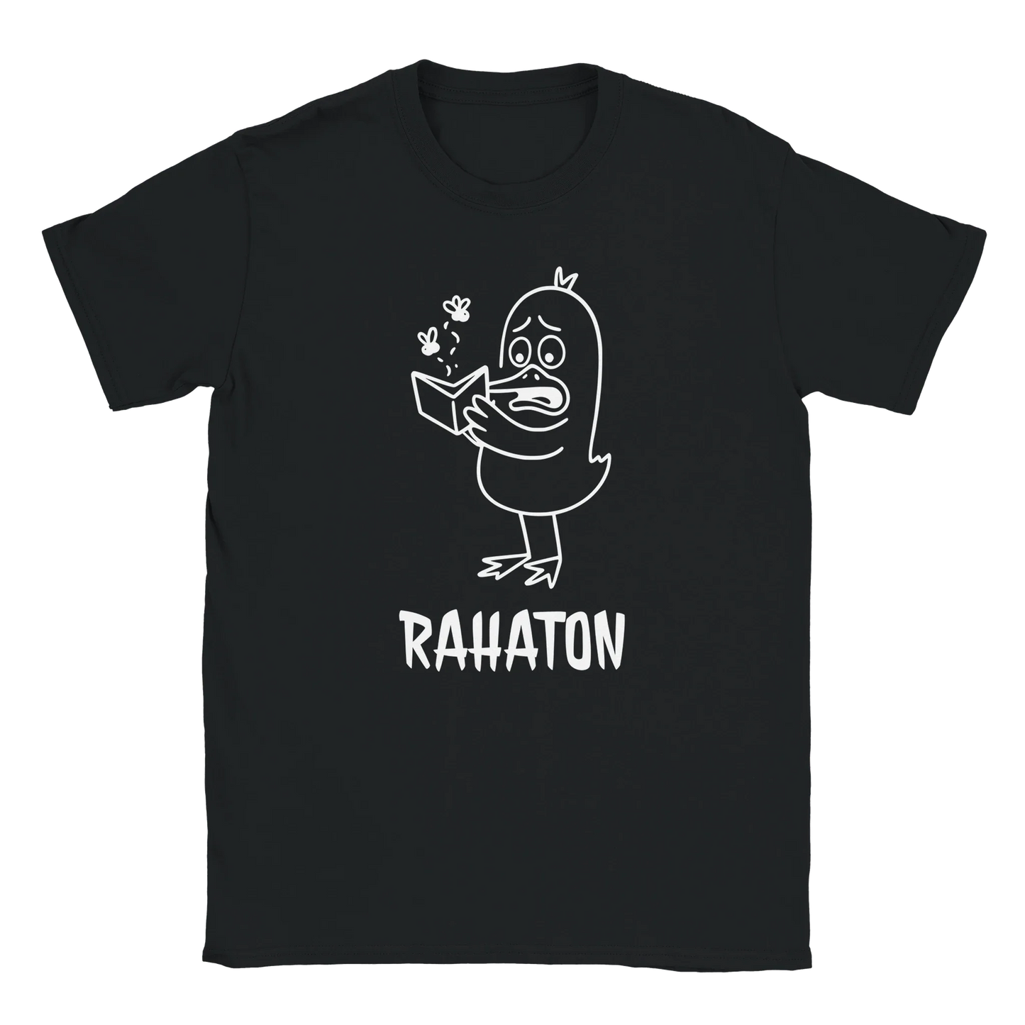 Rahaton T-paita musta crew-neck t-paita valkoinen ankka lukee kirjaa kuva