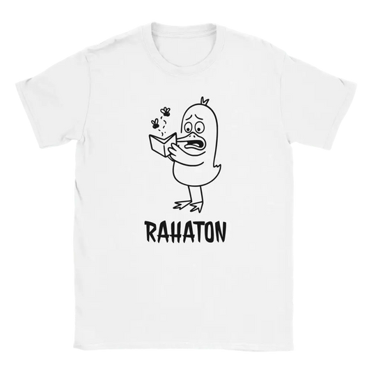 Valkoinen lyhythihainen crewneck T-paita Rahaton - T-paita lastenkuvalla ankasta lukemassa kirjaa