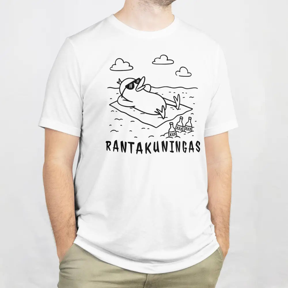 Valkoinen lyhythihainen Rantakuningas T-paita, hauska ankka kuvalla ja aurinkolaseilla