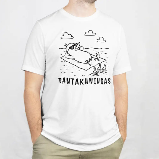 Valkoinen lyhythihainen Rantakuningas T-paita, hauska ankka kuvalla ja aurinkolaseilla