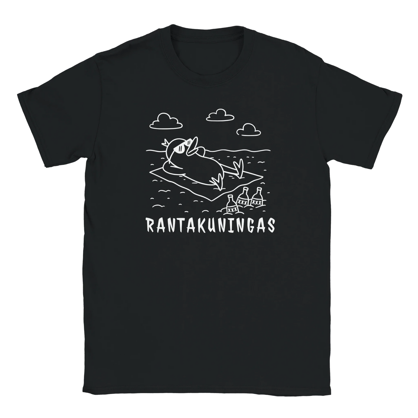 Musta T-paita valkoinen lintukuvio ja RANTAKUNINGAS teksti frontissa