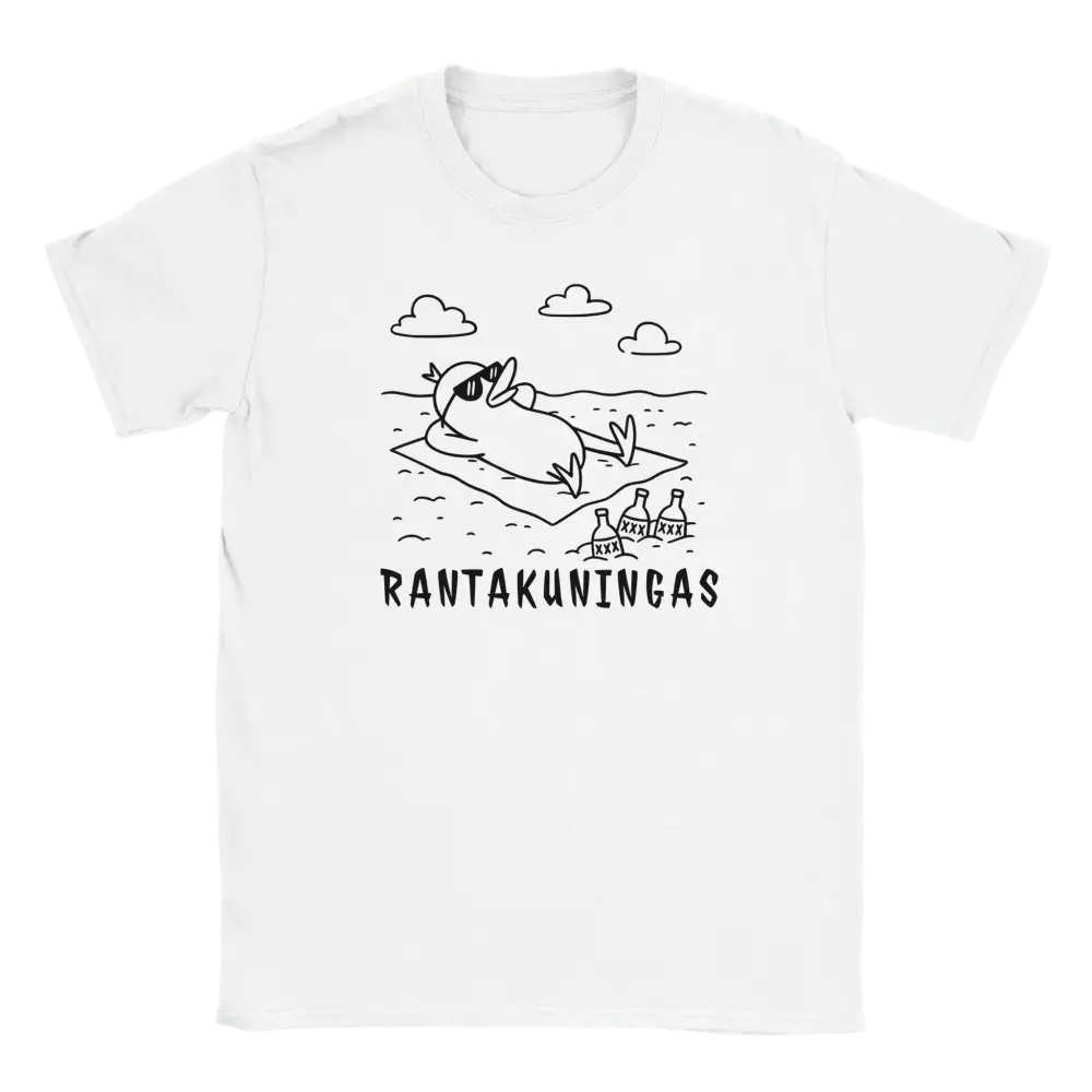 Valkoinen lyhythihainen Rantakuningas T-paita, musta ankkalainen auringonotto rannalla