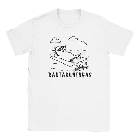 Valkoinen lyhythihainen Rantakuningas T-paita, musta ankkalainen auringonotto rannalla