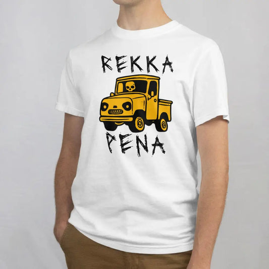 Rekka Pena T-paita valkoinen t-paita keltainen cartoon kuorma-auto ja kallo design