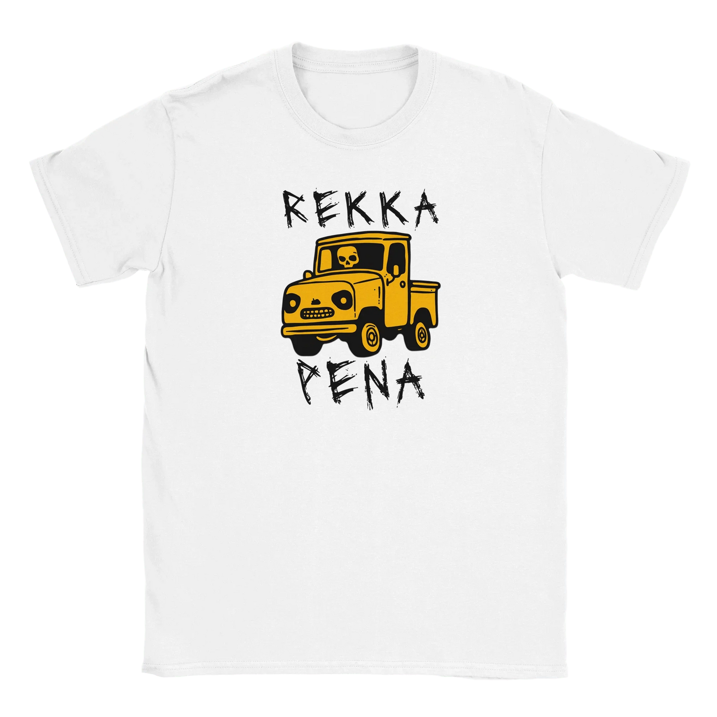 Valkoinen short-sleeve T-paita Rekka Pena, jossa keltainen piirroskuorma-auto