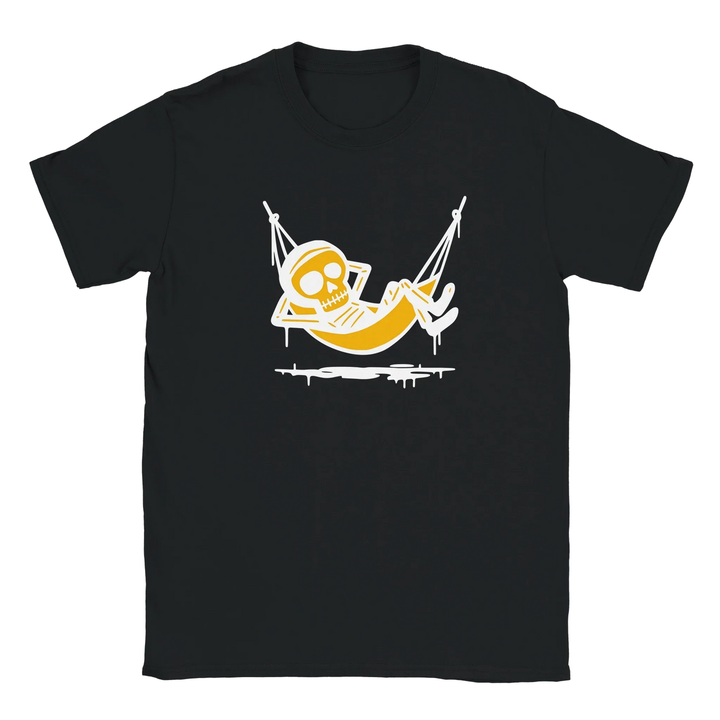 Musta crew neck T-paita Riippumattoilija - Skeleton relaxing in yellow hammock design