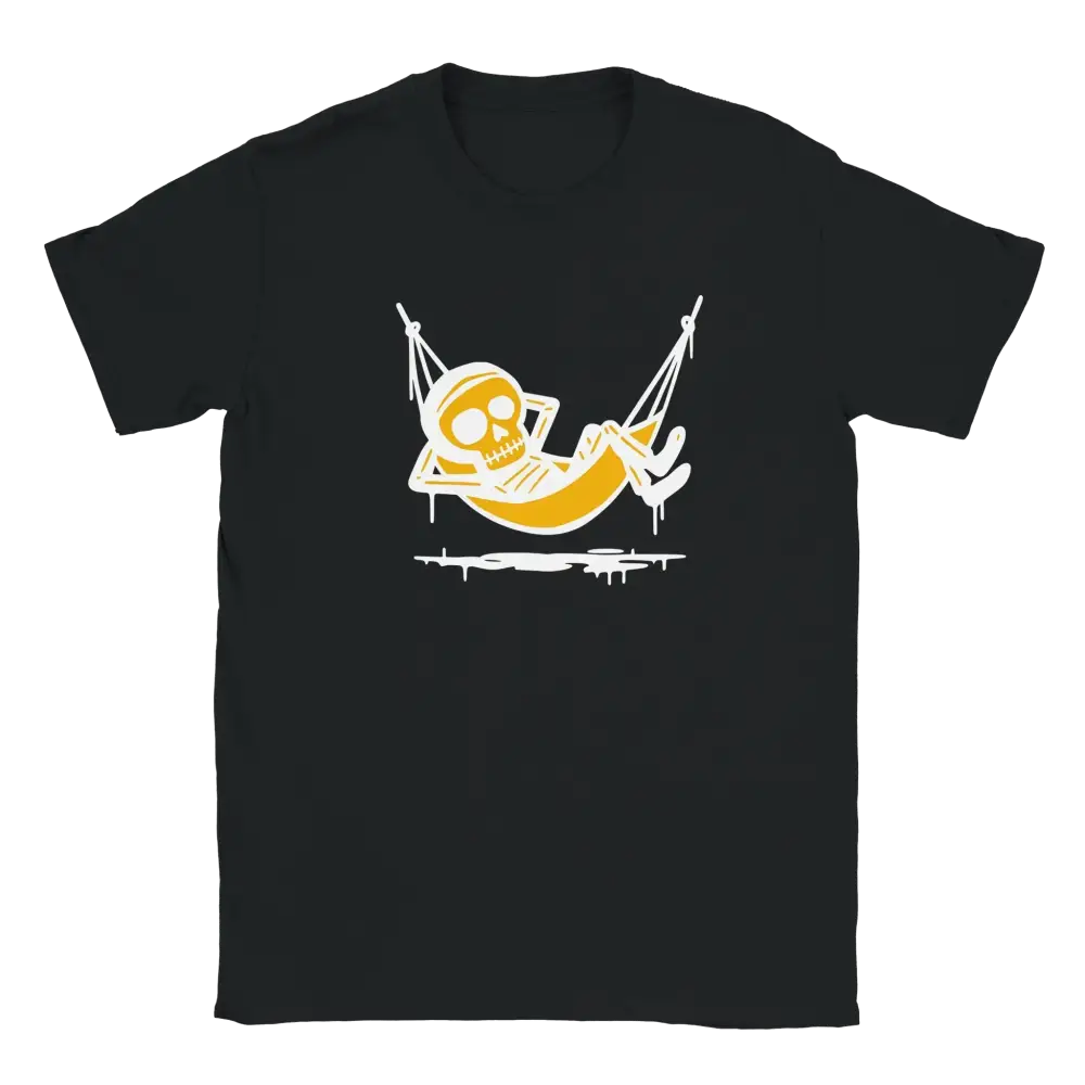 Musta crew neck T-paita Riippumattoilija - Skeleton relaxing in yellow hammock design